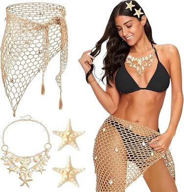 3 Pcs Crochet Beach Shawl Set,Women's Crochet Beach Cover Up with Shells Fishnet,Starfish Hairpin,Starfish &amp; Shells Fashion Choker Necklace,Beach Swimming Pool Fishnet Net Skirt Set for Women Girls