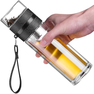 Double Wall Glass Water Bottle Tea and Water Separation Tea Bottle Mug Cup with Tea Infuser (Black)