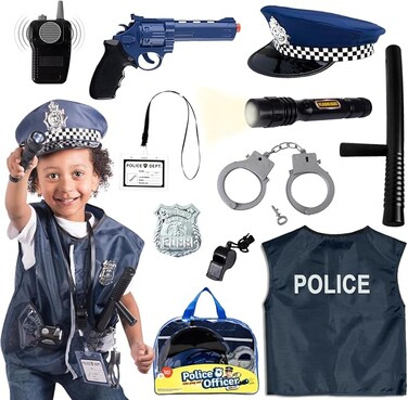 12 Pcs Police Costume for Kids with Toy Role Play Kit with Police Badge, Handcuffs,Kids Flashlight for Cop Costume, FBI,Detective,Swat, and Kids Dress-up Clothes
