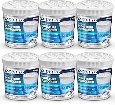 Casabiz Refillable Moisture Absorber Boxes, 6-Pack(12.5oz/350g Each) Long Lasting Humidity Control Dehumidifier for Closet, Basement &amp; Bedroom Storages, Musty Smell Deodorizer &amp; Air Freshener for Home