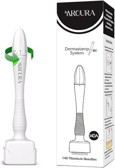 Aroura Beauty Derma Microneedling Stamp for Hair Growth, Titanium Coated Adjustable Needles 0.25mm to 3mm, 140 Stamp for Skin Repair, Face, Hair &amp; Beard Growth, Derma Roller Alternative White