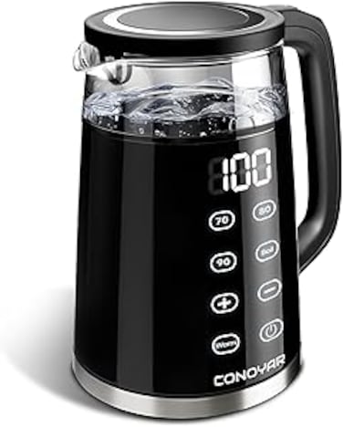 CONOYAR Electric Kettle 2200W Fast Water Boiler, 1.7L Glass Kettle With 4 Temperature Control For LED Touch Screen, Double Wall Anti Scald boiler Up To 2H Keep Warm For Home, Auto Shut Off