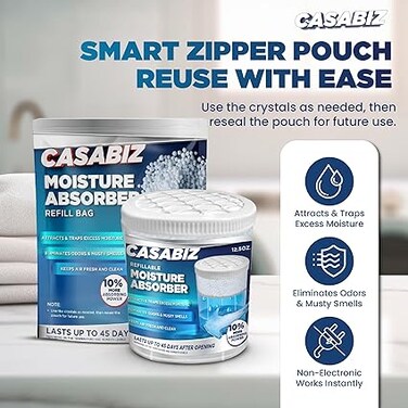 Casabiz Refill Moisture Absorber Bags, 3-Pack (1400g each) - 1 Bag Refills 4 Casabiz Bottles, Long Lasting Humidity Control Dehumidifier, Eleminates Musty odor in Wardrobes, Bedroom &amp; Bathroom Storage