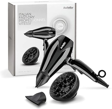 BaByliss Compact Pro 2400 ​Hair Dryer AC, Italian Made For Quality &amp; Long-lasting Performance, Ultra-slim Nozzle With Ionic Frizz Control Technology, Portable Dryer With Diffuser, 6715DSDE (Black)