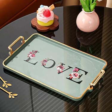 LOVE" Plastic Tray with Golden Accents - Ideal for Romantic Dinners, Breakfast in Bed, Tea Time &amp; Gift Giving - Durable PS Material - Perfect for Home Decor, Wedding Celebrations (green)