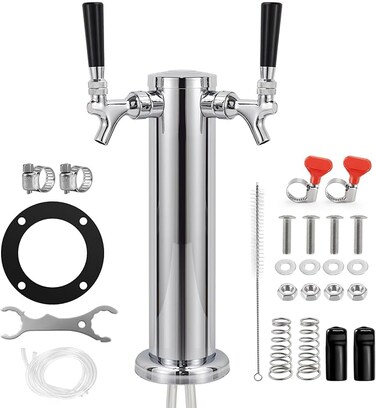 Hgkeke Dual Beer Tower Dispenser - Double Tap Kegerator Tower Draft Beer Tower Dispenser Pre-installed 5ft Beer Line Stainless Steel Core Faucet Double Keg Tap Beer Tower for 3" Kegerator Tower