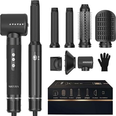 Aroura Premium 7-in-1 High-Speed Hair Dryer Brush: 1-Year Warranty, 110000 RPM Motor, Ionic Tech, 1400W Power, 3 Temps &amp; 3 Speeds - Hot Air Brush, Curling Iron, Straightener Set