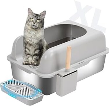 Enclosed Stainless Steel Cat Litter Box with Lid, Metal Extra Large Litter Tray for Big Cats - High Enclosed Sides, Non-Stick Coating, Anti-Leakage, Easy Cleaning - Old and Short-Legged Cat Friendly