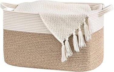 DAYONG 63L Large Woven Basket with Handles, Multi-Purpose Rope Basket for Organizing, Rectangular Dirty Clothes Blanket Basket for Laundry, Bedroom &amp; Living Room (White &amp; Brown)
