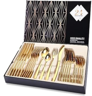 SKY-TOUCH Stainless Steel Cutlery Set 24-Piece Set of Golden Tableware Western-Style Kitchen Tableware Including Spoon, Fork, Knife, Tea Spoon (Golden)