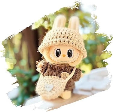 Seventh Girl Labubu Doll Handmade Crochet Clothing 3-piece Set (without doll) (Applicable to 17 cm)   Top + Hat + Exquisite Accessories   Compatible with Have a Seat/Macaron Series (Brown)