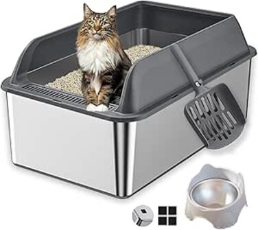 AUUCFW Stainless Steel Litter Box with Lid, Extra Large Cat Litter Box, XXL Large Metal Litter Box for Big Cats(Non-Sticky, Easy to Clean, Anti-Urine Leakage、Never Absorbs Odors),Include Bowl，Grey ﻿