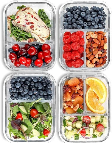Glass Meal Prep Containers 2 and 3 Compartments (4 Pack, 32 oz) - Glass Food Storage Containers with Lids, Glass Bento Box, Portion Control, Airtight, Oven Safe