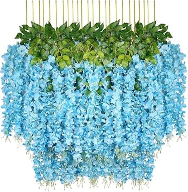 Beauenty 12pcs Artificial Silk Wisteria Vine,Ratta Silk Hanging Flower,3.7 Feet/Long Artificial Wisteria Flower Garland for Backdrop,for Home Party Garden,Wedding Decor (light blue)