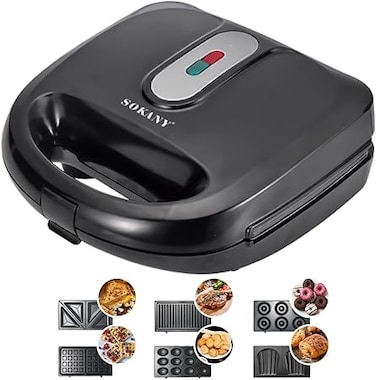 SOKANY 750W Sandwich Maker, Waffle Maker Set with 6 Removable Non-Stick Plates, Portable Handle, LED Indicator Lights, for Breakfast Sandwiches Mini Waffles Bacon and Steak, Black (6 IN 1)