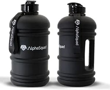 AlphaSquad 2.2L Half Gallon Sports Water Bottle with Handle, 74oz / 2.2 Liter Black Large Sports Water Jug, BPA Free Leak Proof Bottles for Gym Yoga Camping Outdoor Travel