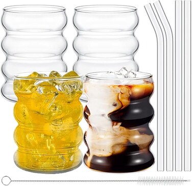 4 Pcs Creative Glass Cups, Cute Ripple Shaped Vintage Drinking Glasses Ribbed Glassware Aesthetic Cups Entertainment Dinnerware Glassware with Straws Set for Kitchen Coffee Juice Beverage