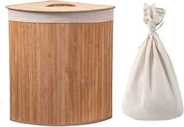 SLEEPHEAD&reg;Corner Bamboo Laundry Hamper with Lid and Removable Liner, Washing Clothes Basket Storage Bin with Handle, Suitable for Bedroom, Bathroom (35 * 35 * 60cm)