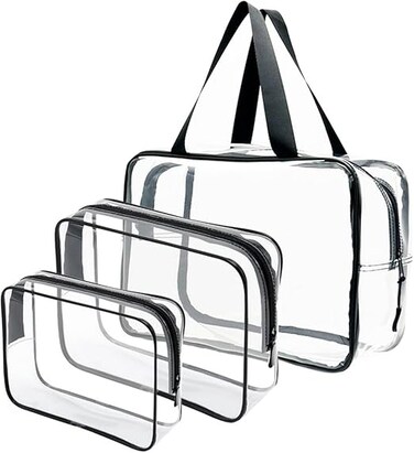 ECVV 3PCS Clear Makeup Bags for Travel Waterproof Transparent PVC Tote Cosmetic Bag with Zipper Closure &amp; Handle Toiletry Bag for Women Men, Black