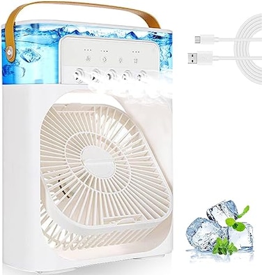 Portable Air Conditioner Cooling Fan, USB Desk Fan 3 Wind Speed 7 Colors LED Light 680ml Water Tank, Mini Evaporative Air Conditioner Fan for Room Office, Personal Air Cooler