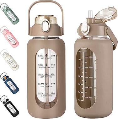 64oz Glass Water Bottles with Straw, Half Gallon Motivational Glass Bottle with Silicone Sleeve and Time Marker, 2L Leakproof Large Glass Water Jug for Gym Home Office,Amber