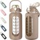64oz Glass Water Bottles with Straw, Half Gallon Motivational Glass Bottle with Silicone Sleeve and Time Marker, 2L Leakproof Large Glass Water Jug for Gym Home Office,Amber
