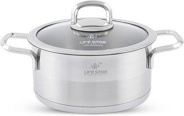 Cooking Pot with Lid 18/10 Pure Stainless Steel - Thick Induction Base Double Handle Stock Pot - Non-Toxic, 100% PFOA, PTFE &amp; PFOS Free - Oven Safe Casserole (SIlver, 20 CM (2.8 Liters))