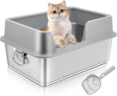 SLEEPHEAD&reg;Stainless Steel Litter Box with High Sides,Anti-Splashing Large Box with Handle for Big Cats,Non-Sticky Large Metal Litter Box,Anti-Leakage Big (Grey)（50 * 35 * 25）