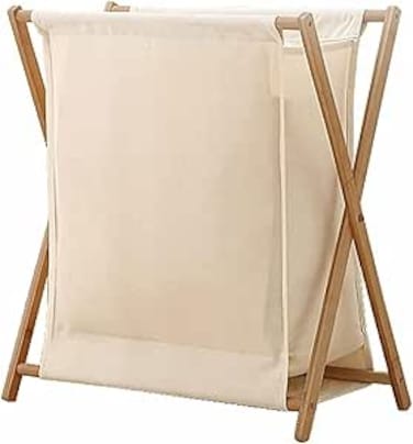 Jorunb Bamboo Laundry Hamper Sorter Cart, Portable and Collapsible Folding Clothes Laundry Basket Storage with Removable Liner Bag, X Frame, Bamboo Laundry Organizer Cabinet for Bathroom (White)
