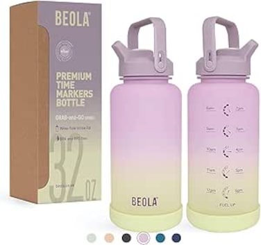 BEOLA 1000ml, 750ml, Motivational Water Bottle with Time Markers and Straw Lid, Tritan Plastic, BPA BPS FREE Leak Proof and Drop Resistant Office Bottles, 32oz, 25oz (Morning Rose, 1000ml)