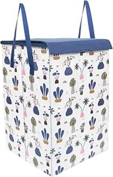 PrettyKrafts Fabric L1113 Laundry Basket For Clothes, Toy Storage Box With Lid &amp; Handles, Toy Storage Box, 75 Ltr,Mushroom Print,White, Set of 1