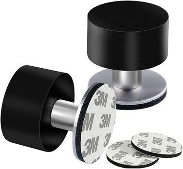 2-Pack Door Stops with Extra Stickers, Self-Adhesive Door Stopper with Black Rubber &amp; Stainless Steel Body - Heavy Duty Sound Dampening Door Bumpers for Home &amp; Office Use