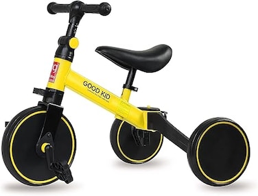 4 in 1 Kids Balance Bike Tricycles for 1.5 - 5 Years, Toddlers Trike with Adjustable Seat Indoor Outdoor, Boys Girls Kids First Birthday Gifts Yellow