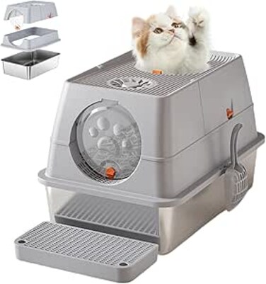 TitanSoli Large Stainless Steel Enclosed Cat Litter Box with Lid, Metal Kitty Litter Box with Flip Cover, Removable Top and Litter Scooper, Tall Covered Dog Proof Litter Boxes 15.35'' (Gray)