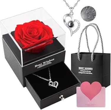 BeyondLuv Anniversary Birthday Gifts for Women, Wife, Love - Anniversary Wedding Gift For Wife Preserved Rose Flower With Heart Necklace  Gifts For Her/Gift Set Women/Ramadan Gift  womens day gifts