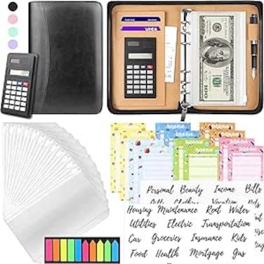 Budget Binder with Calculator, Cash Envelopes for Budgeting, Leather Budget Planner with Cash Zipper Envelopes, Bill Money Organizer for Cash Saving Budget System Wallet(Black)
