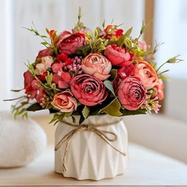 BananaHome Artificial Potted Flowers,Ceramic Vase Fake Flower Plants Desktop Decoration Indoor for Home Office,Faux Rose Flowers Decora for Table,Bedroom,Living Room,Party,Wedding (Red)