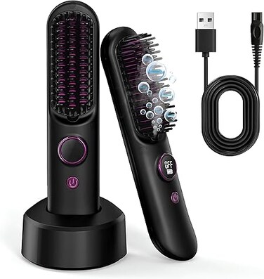 Cordless Heated Hair Brush, Portable Hair Straightener 8400mAh USB Rechargeable, ON The GO Mini Straightening Brush 9 Temps Fast Heating, Anti-Scald, Charging Dock