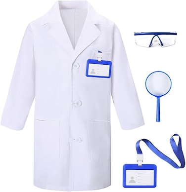 4Pcs Doctor Scientist Lab Costume for Kids Role Play Thick White Coat Birthday Party Gift 2-12 Years