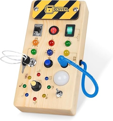 toddler busy board, baby wooden busy board with 8 LED light switches, sensory toys light switch toys travel toys for 1+ year old baby and toddler
