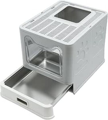 Wisfor Cat Litter Tray Box: Foldable Large Anti-Splashing Kitten Litter Box Toliet House with Lid - Enclosed Hooded Kitty Potty - Stainless Steel Drawer Cats Toilet Easy Cleaning with Scoop Grey