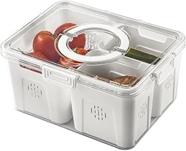 ALMEKAQUZ Fruit Vegetable Storage Containers Fridge Refrigerator Organizer, Produce Storage Containers Fridge Organizer Bins with Handles For Berry Strawberry Lettuce Salad Fish (3 compartment)
