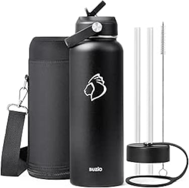 BUZIO 1200ml Insulated Water Bottle with Straw Lid and Flex Cap,40oz Double Vacuum Stainless Steel Water Flask, Cold for 48 Hrs Hot for 24 Hrs Simple Thermo Canteen Mug, Black