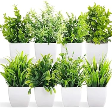 Dekorly Artificial Potted Plants, 8 Pack Artificial Plastic Eucalyptus Plants Small Indoor Potted Houseplants, Small Faux Plants for Home Decor Bathroom Office Farmhouse (Set 0F 8)