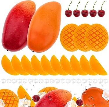 36PCS Realistic Artificial Fruit Set with Mango, Mango Slices, Cherries &amp; Fake Ice Cubes, Lifelike Plastic Fruit Blocks for Decoration, Display, Photography Props &amp; DIY Crafts