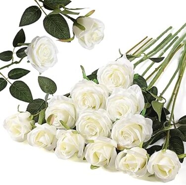 Hawesome 12PCS Artificial Silk Flowers Realistic Roses Bouquet Long Stem for Home Wedding Decoration Party (White -2)