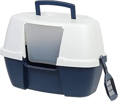 Iris Ohyama USA Large Enclosed Corner Cat Litter Box with Front Door Flap and Scoop, Hooded Kitty Litter Tray with Easy Access Lift Top Handle and Buckles for Portability and Privacy, Navy/White