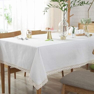 White Plain Lace Tablecloth Classic Cotton Linen Lace Tablecloth Modern Minimalist Dust-Proof Table Cover for Kitchen Dinner Picnic Tabletop Home Decoration (Cream White, 250 x 140 cm)