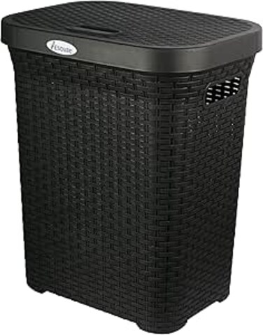 Esqube Laundry Basket, Black with Lid, 50L Capacity