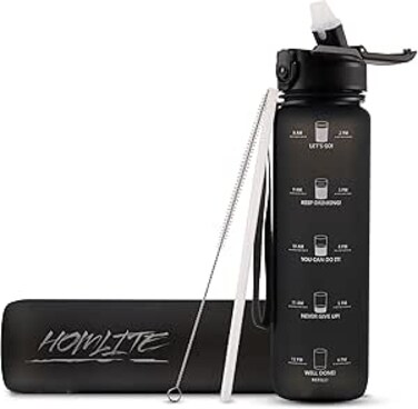 HOMLITE &reg; Motivational Sports Water Bottle 1L with Time Markings &amp; Straw Cleaner- One-Click Open, Dust-Resistant, BPA-Free, Leak-Proof, for Gym, Cycling, School &amp; Work (black)